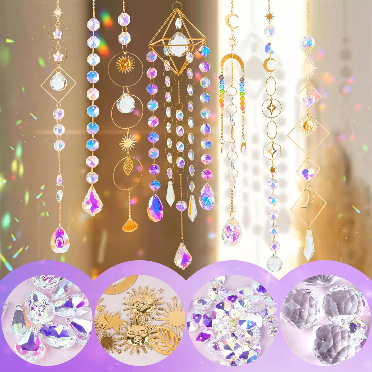 400 Stück Sonnenfänger Kristall Bastelset Erwachsene DIY Basteln Mond Sonne Suncatcher Fenster Windspiel Fensterdeko Anhänger Lichtfänger Prisma für Zuhause Büro Garten Weihnachten Tag Hochzeit Deko