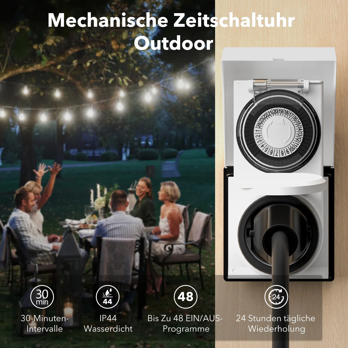 HBN 2X Zeitschaltuhr Steckdose Aussenbereich, IP44 Outdoor Mechanische Timer mit Kindersicherung & Schutzabdeckung, Analoge Tageszeitschaltuhr für Außen, 16A/3.680W