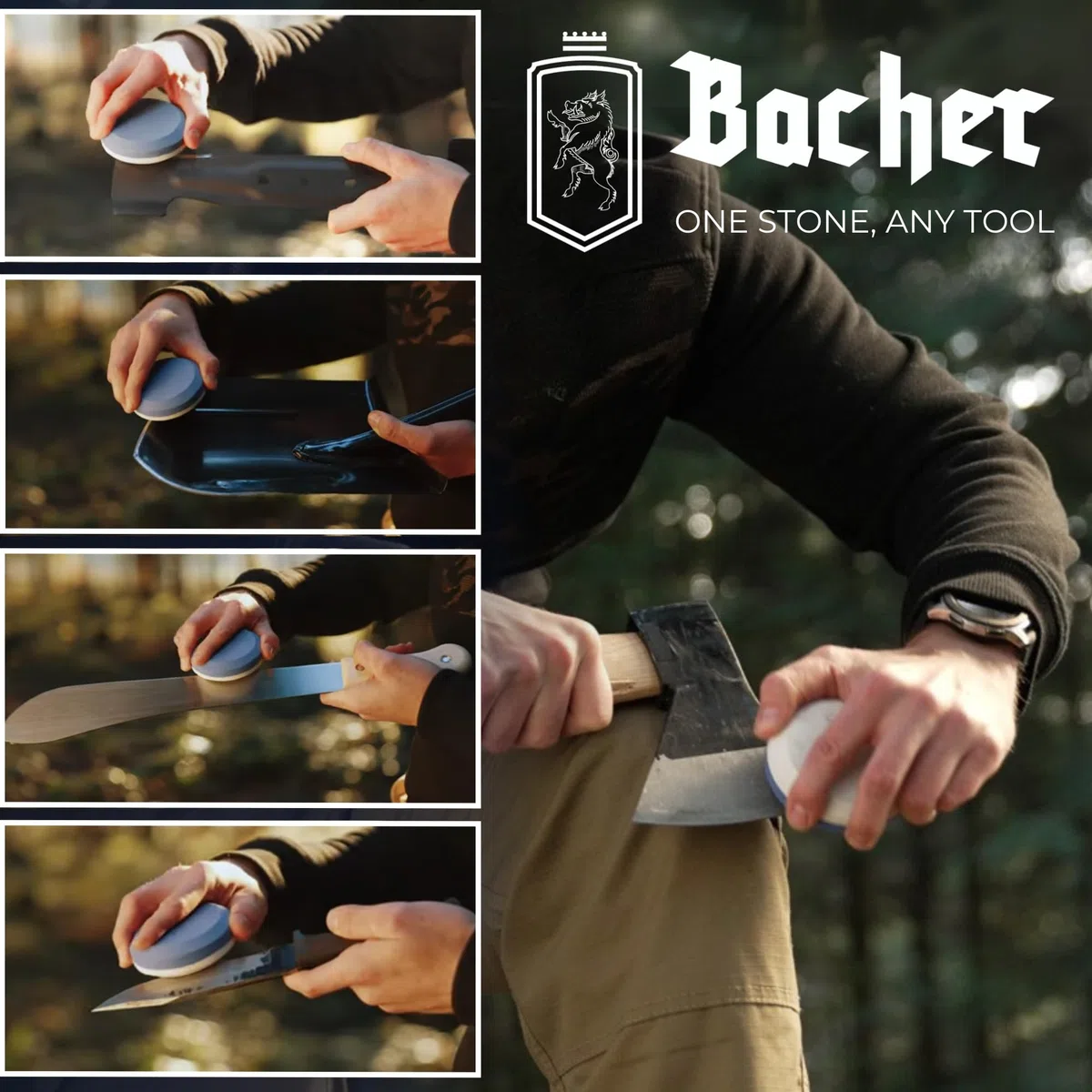 Bacher Axt Schärfer Puck 120/600 Körnung - Schleifstein Rund, Wetzstein für Axt mit Leder Gürteltasche - Shleif Abziehstein für Beil und Gartengeräte