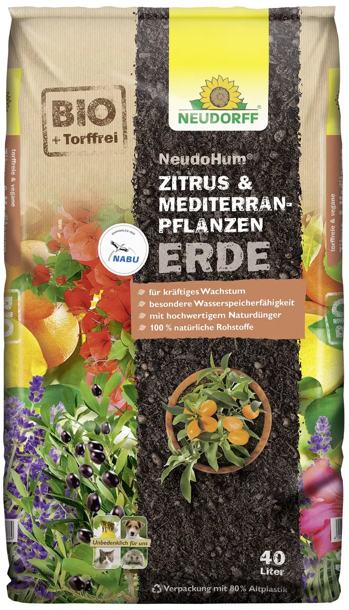 Neudorff NeudoHum Zitruserde 40L - torffreie mediterrane PflanzenErde - Bio Olivenbaum Erde für alle Mediterranpflanzen wie z.B. Palmen, Oleander und Zitronen - Zitruspflanzenerde ohne Torf