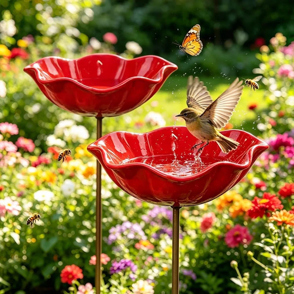 2Stück Vogeltränke Blume Winterfest Futterstation Vögel,Insektentränke Blumes Für Den Garten,Vogeltränke Metall Gartenstecker,Bienentränke Gartens Für Bienens,Futterschale, Für Rasen (2Pcs Rot)