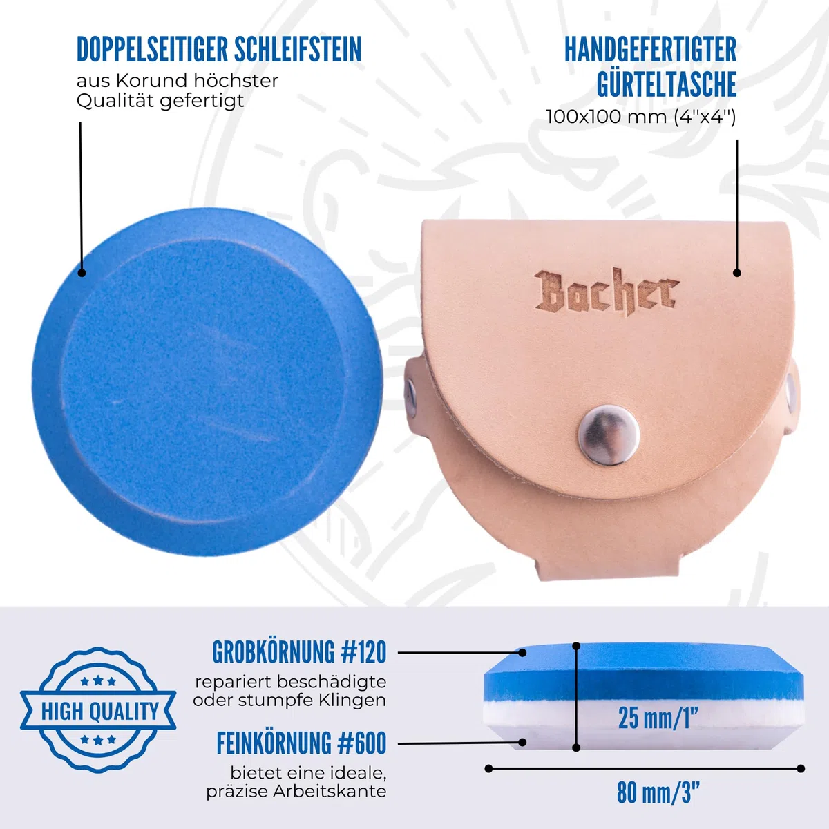 Bacher Axt Schärfer Puck 120/600 Körnung - Schleifstein Rund, Wetzstein für Axt mit Leder Gürteltasche - Shleif Abziehstein für Beil und Gartengeräte