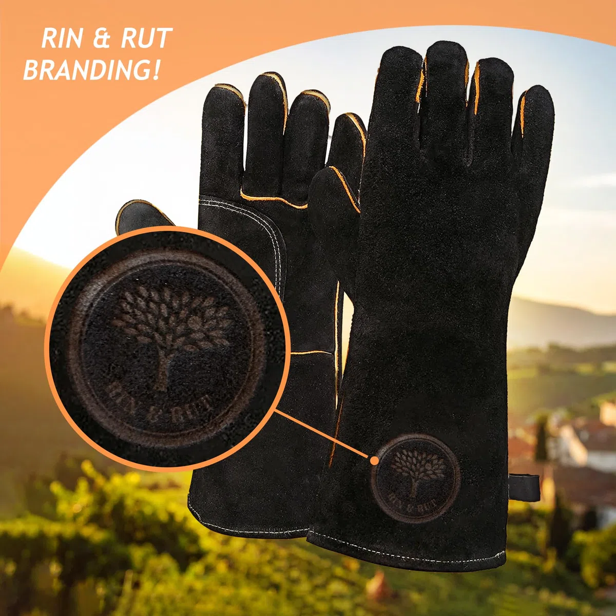 Rin & Rut Grillhandschuhe & Ofenhandschuhe aus Leder 34,5 cm - hitzebeständige Koch- & Kaminhandschuhe mit weichem Innenfutter - Lange feuerfeste Grillhandschuhe für Backofen, BBQ & Kamin