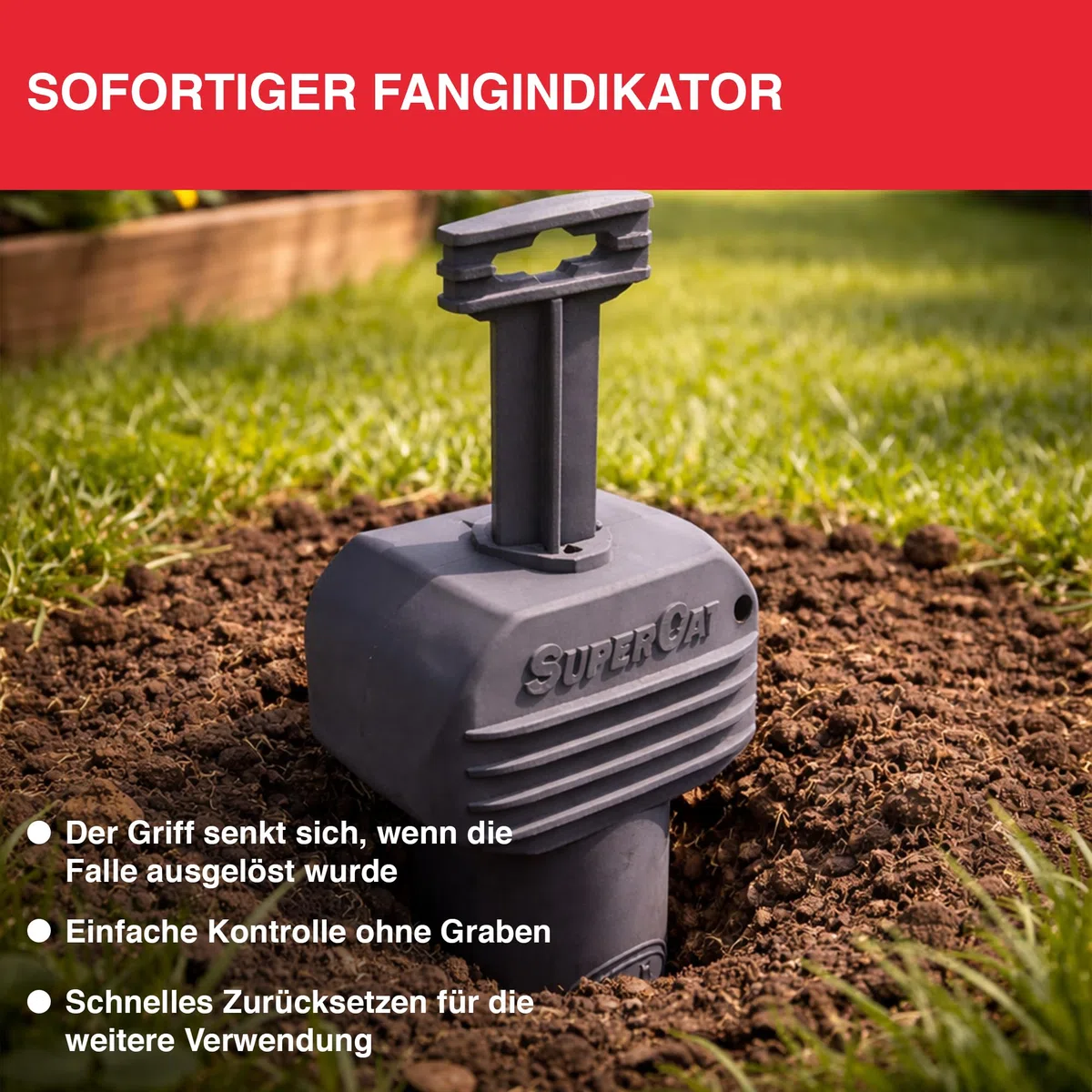 SWISSINNO Wühlmausfalle PRO SuperCat - Effiziente Schlagfalle gegen Feld- & Wühlmäuse, Patentierter Auslösemechansimus, Einfach einzurichten, Sicher & Wiederverwendbar - 1 Falle