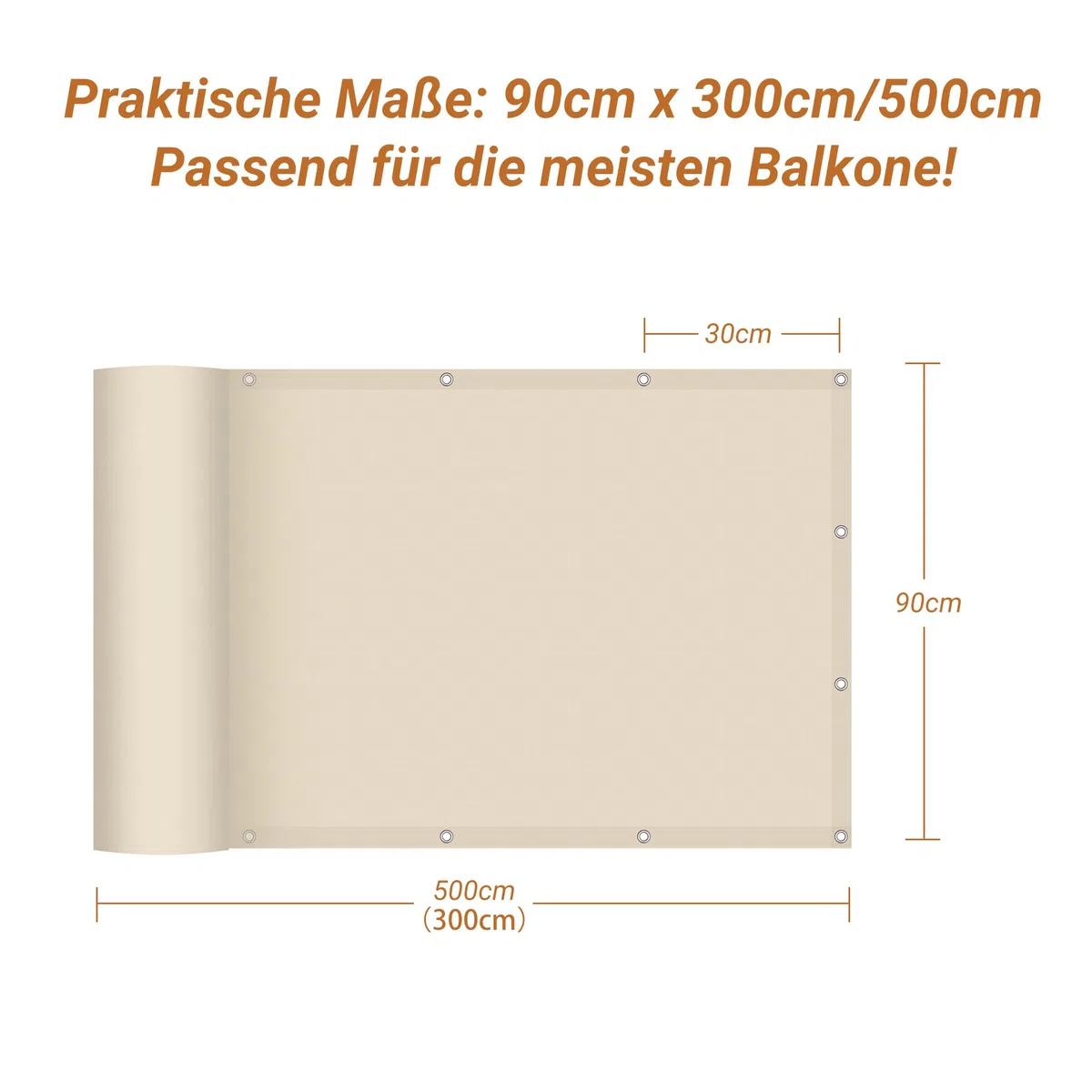 Balkon Sichtschutz 90x500cm, Blickdicht & wetterfest – Balkonabdeckung und Windschutz mit Ösen und Kordel, Creme